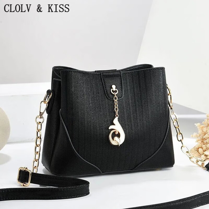 clolv kiss包包女2024新款时尚高颜值单肩斜挎包女士百搭ins水桶包大容量 【款质量好剩899个】黑色