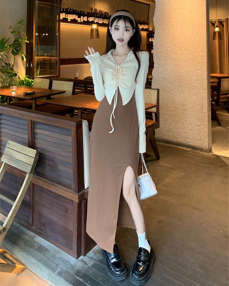 romdink法式气质假两件长袖洋装女秋季性感纯欲修身收 臀开叉长子 咖
