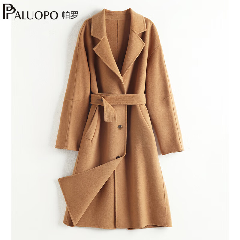 帕罗（PALUOPO）秋冬赫本风双排扣翻驳领毛呢大衣纯色系腰带收腰显瘦气质羊毛外套 51羊毛%125 M 160/84A