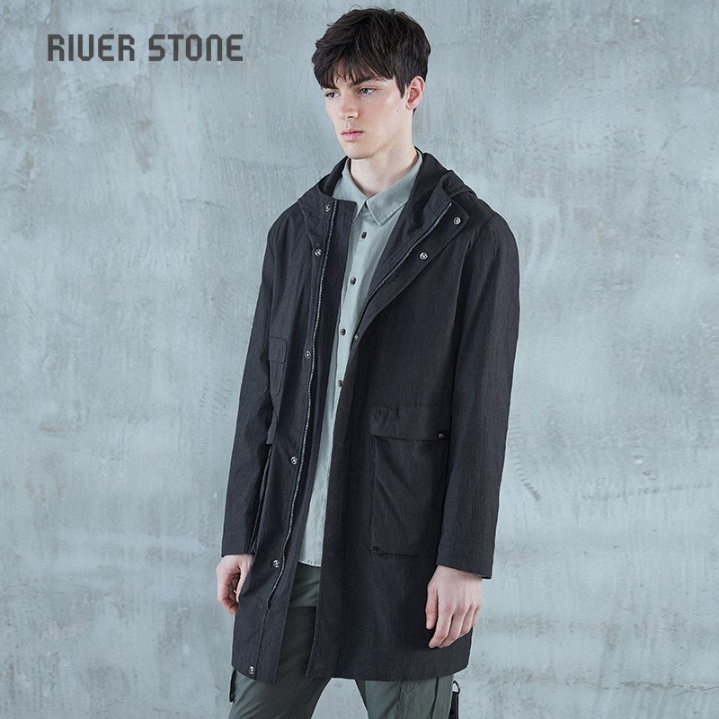 riverstone品牌男装 春秋男士新款中长款风衣日系连帽外套男 黑色 s