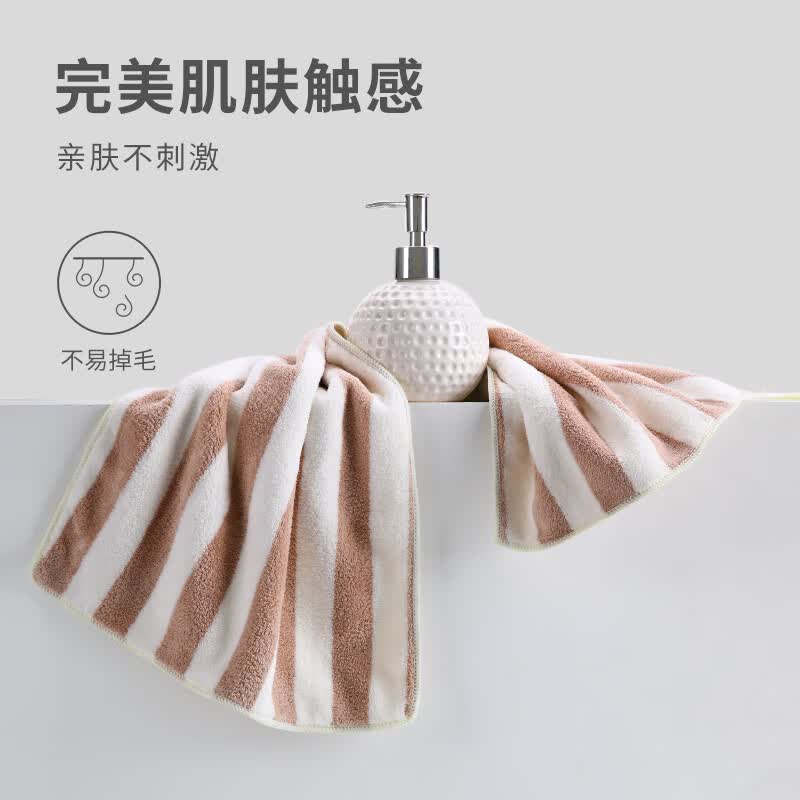 依明洁毛巾2条装简约强吸水高密珊瑚绒速干男女情侣家用洗脸巾70*33cm  彩条蓝+棕两条装