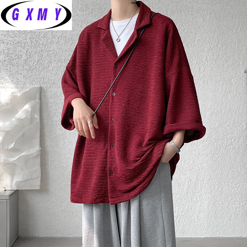 gxmy七分袖衬衫男感宽松潮流大码短a袖衬衣夏季潮牌冰丝外套 暗红色 m