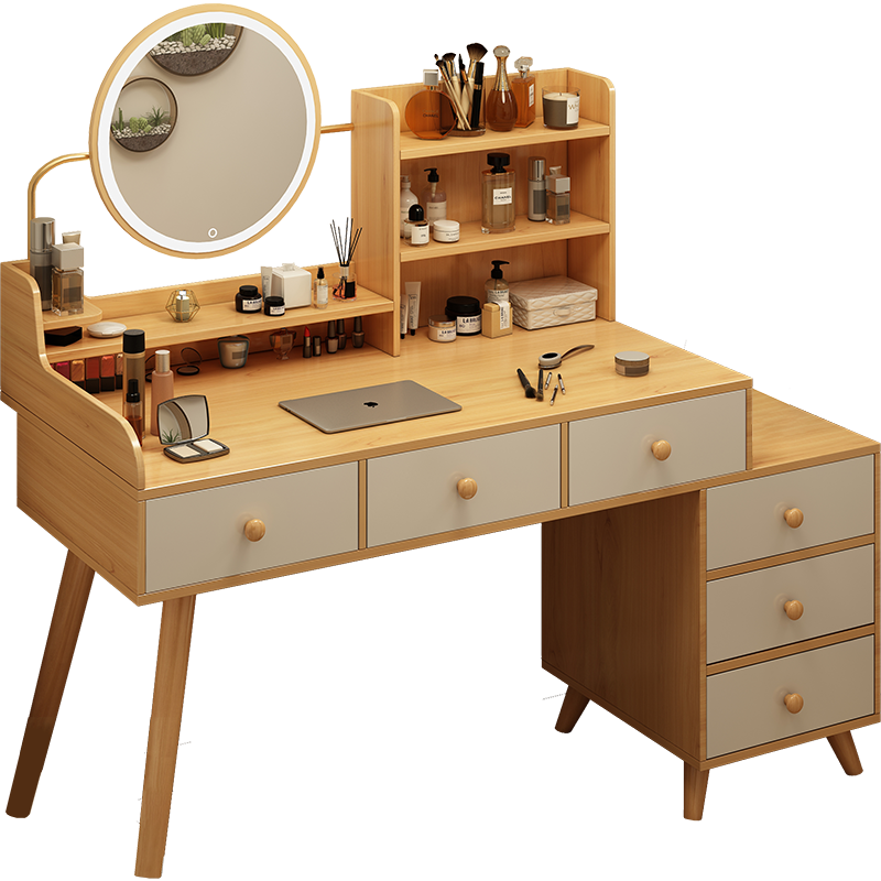 诺森达 梳妆台卧室化妆台实木腿简易轻奢化妆桌简约主卧小梳妆桌 枫木色120cm【桌+柜+LED灯+蝴蝶椅】