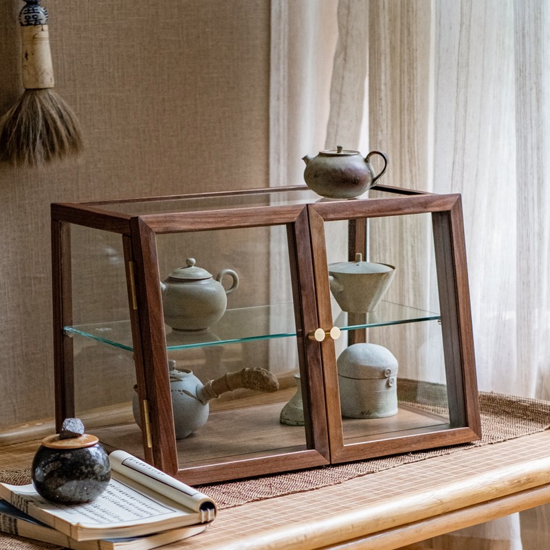 掬涵 黑胡桃木桌面餐边柜收纳柜展示柜实木玻璃小型茶具柜台面储物陈列柜 梯形茶柜（45*27.2*30cm） 双门