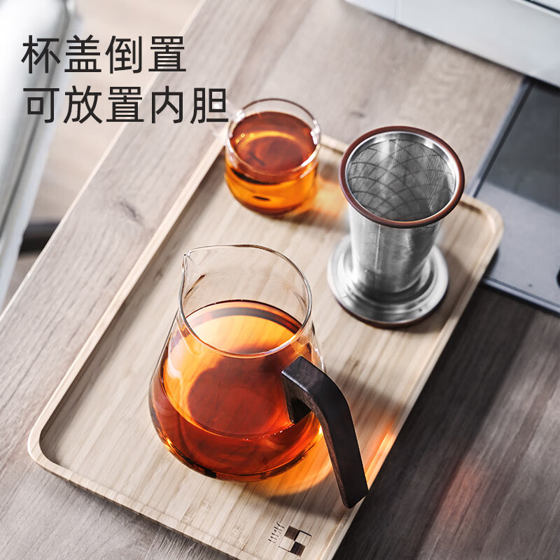 邦田(Bonston)办公室懒人泡茶壶胡桃木把大容量玻璃茶壶不锈钢内胆茶水分离茶具 800ML单壶