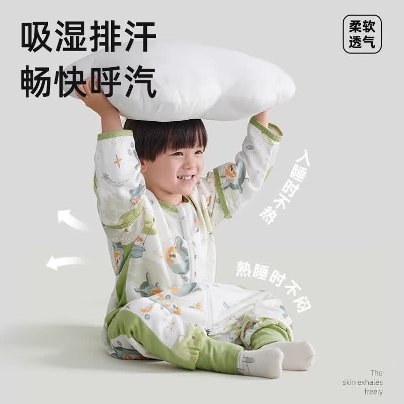 育爱婴儿睡袋 春秋儿童防踢被子纯棉薄款加厚宝宝冬季分腿新生儿睡袋 恐龙【前四后二-适合28-35℃】 120cm衣长【推荐7-8岁】