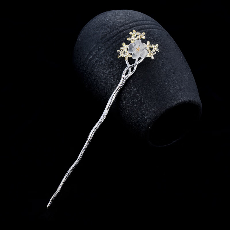 发簪s925银白水晶花朵簪子古风简约日常盘发步摇汉服古典发钗 发簪