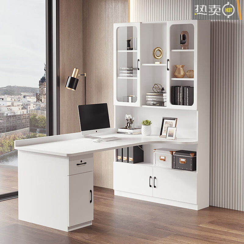 博言转角书桌书柜组合实木学习桌一体简约现代拐角台式 白色加厚桌面