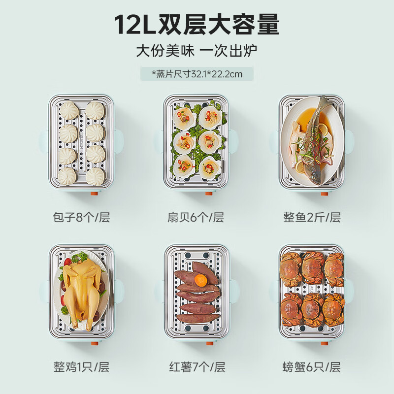 七彩叮当（URINGO）电蒸锅家用12L双层不锈钢蒸炖锅电蒸笼大容量可预约定时隔水炖多功能蒸锅DZ10