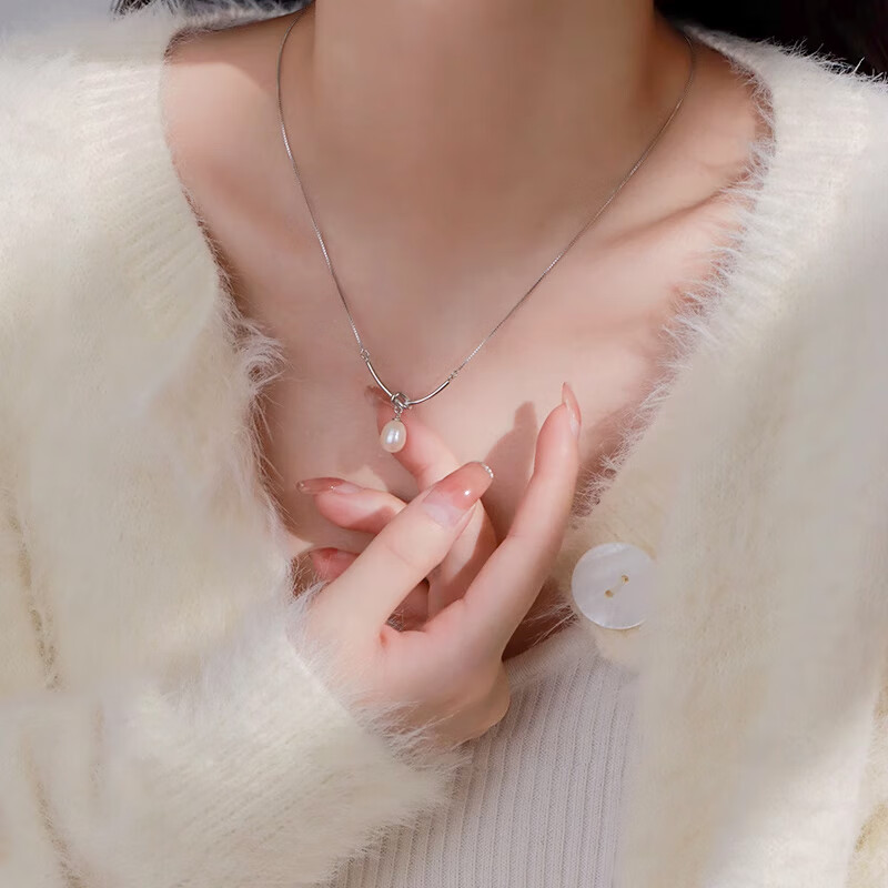 项链女设计百搭气质椭圆淡水珍珠吊坠首饰女友礼物 珍珠绳结项链银色