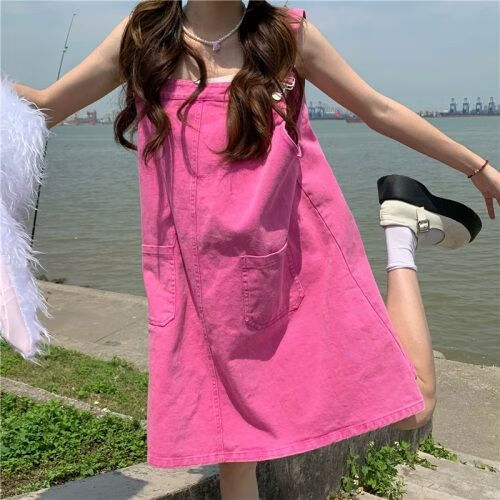 矮小个子牛仔背带裙女士连衣裙牛仔背带裙女设计感小众连衣裙 粉色 s