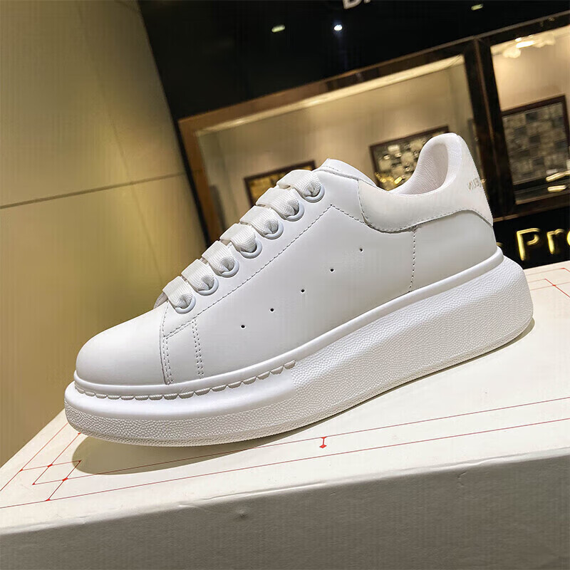 小白鞋男女松糕厚底增高牛皮情侣款休闲鞋 白亮皮后跟【店长推荐】