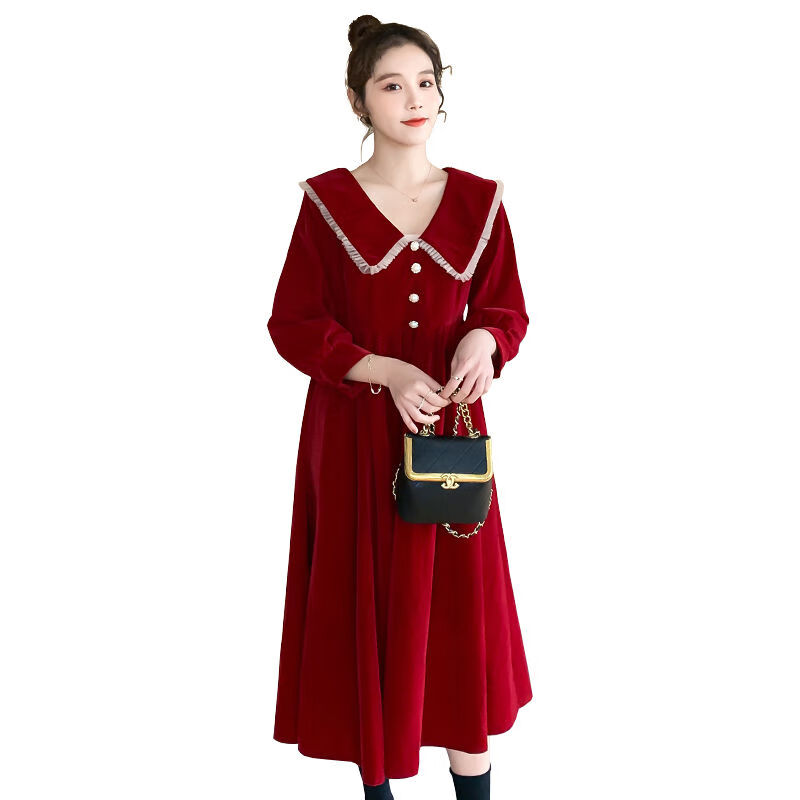 棠檀大码孕妇连衣裙遮肚子加肥加大红色结婚新娘敬酒礼服时尚丝绒a字