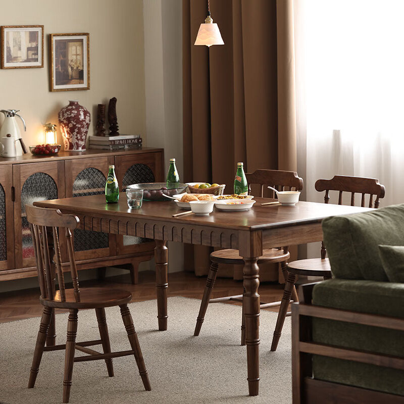 细细木语全实木餐桌美式复古风北美黑胡桃木餐台简约餐桌椅组合长方形