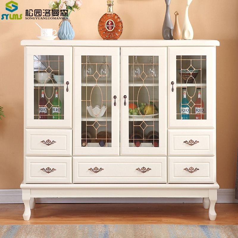 松园洛曼森 酒柜 实木欧式餐边柜 碗筷柜玻璃展示柜 茶水柜简约现代客厅大酒柜厨房多层大容量 象牙白120*37*120cm