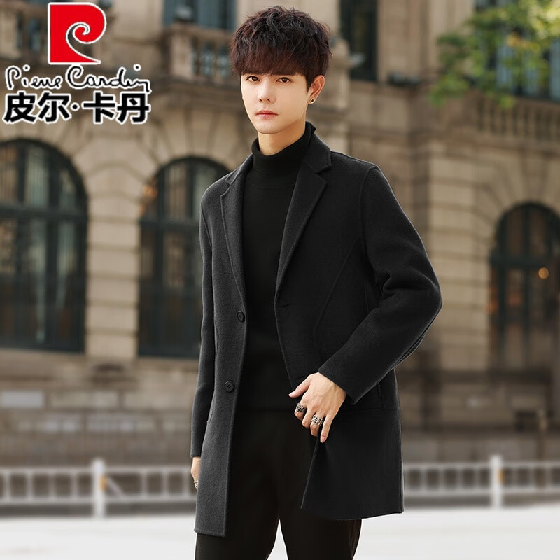 皮尔卡丹（pierre cardin）毛呢大衣男中长款冬季加厚100%纯羊毛呢子外套韩版双面风衣高级感 9868款黑色 