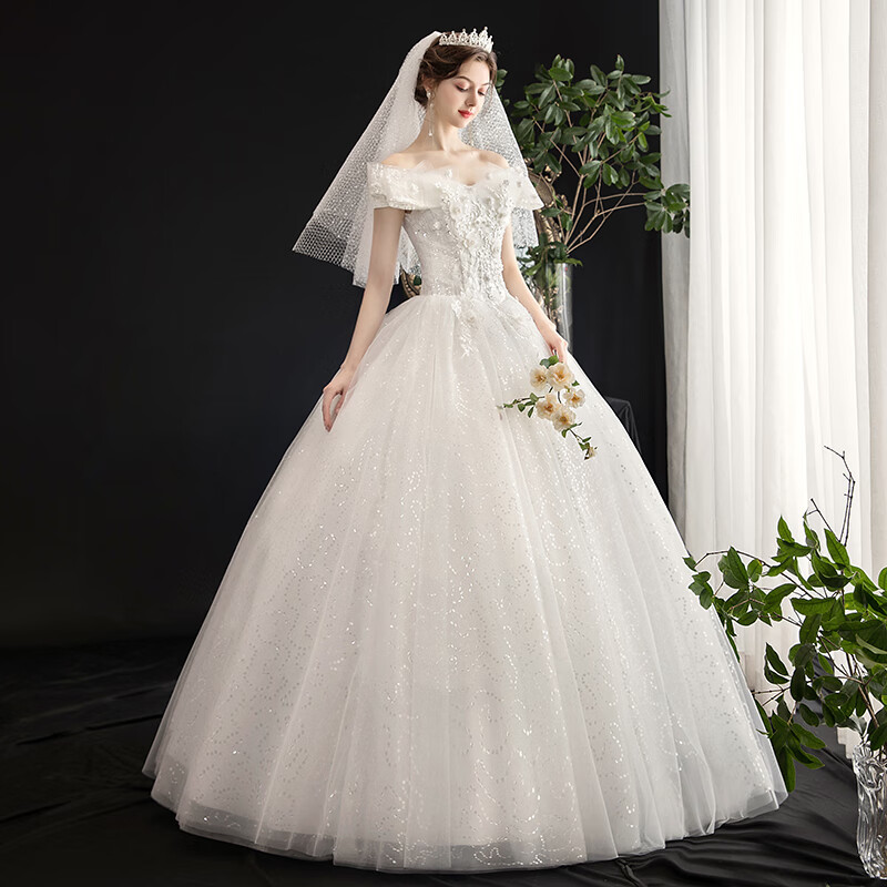 肩法式轻主2024新款新娘结婚森系显瘦简约气质齐 白色单买婚纱无配饰