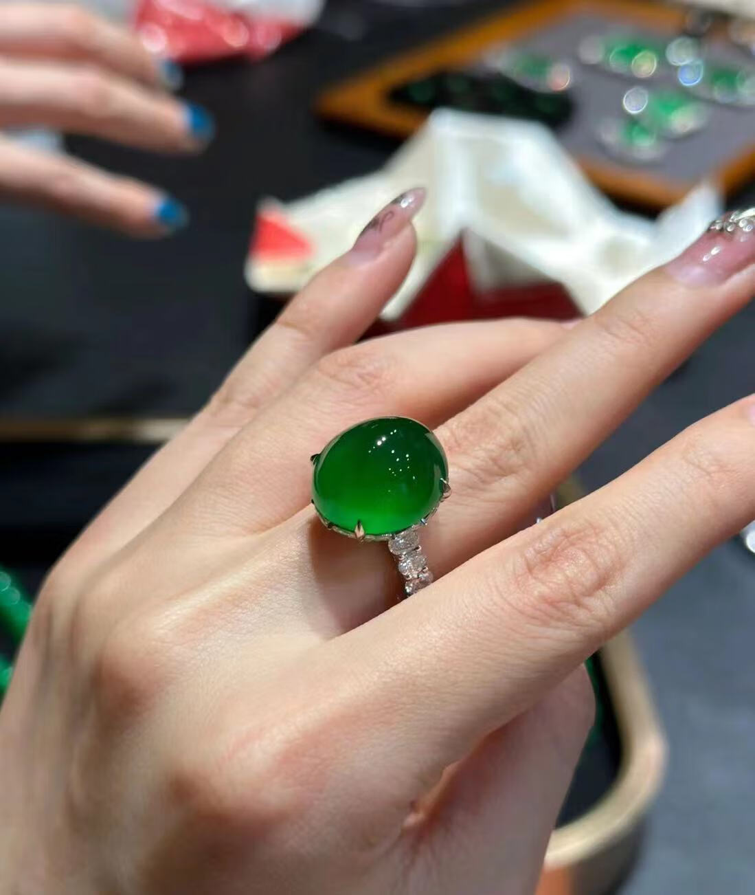 sjbob冰种满阳绿翡翠戒指18k金镶嵌缅甸a货帝王绿戒面女款带证 苹果绿