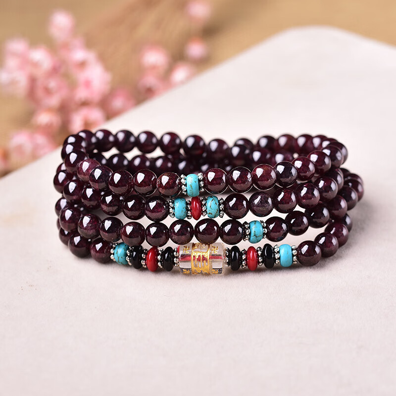 晗遐石榴石手链石榴石搭配六字真言108颗佛珠手链男女款水晶手串 6mm