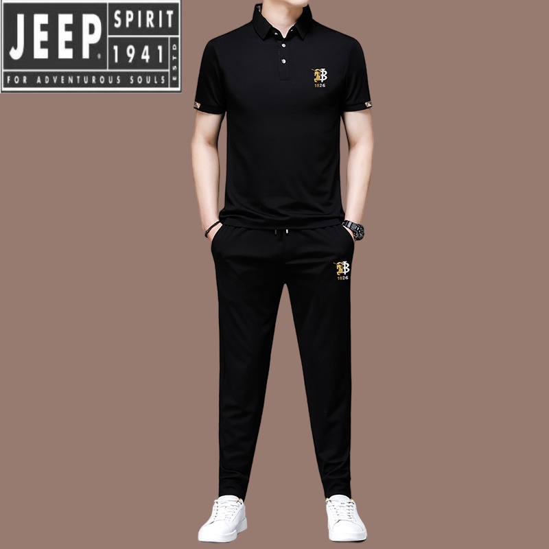 吉普（JEEP） 2024运动休闲套装男夏季短袖卫衣长裤帅气中年潮流简约两件套翻 504黑色 175/88A