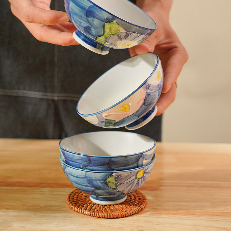 美浓烧（Mino Yaki）日本原装进口碗手绘山茶花饭碗4件套家用陶瓷餐具
