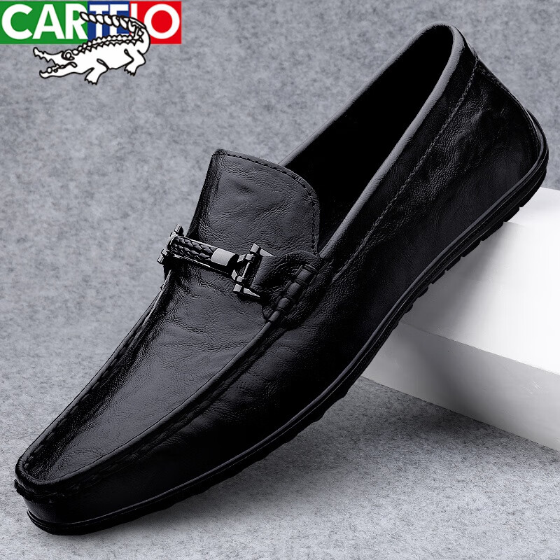 卡帝乐鳄鱼(cartelo)品牌休闲皮鞋男士秋季2024商务真皮黑色懒人一脚