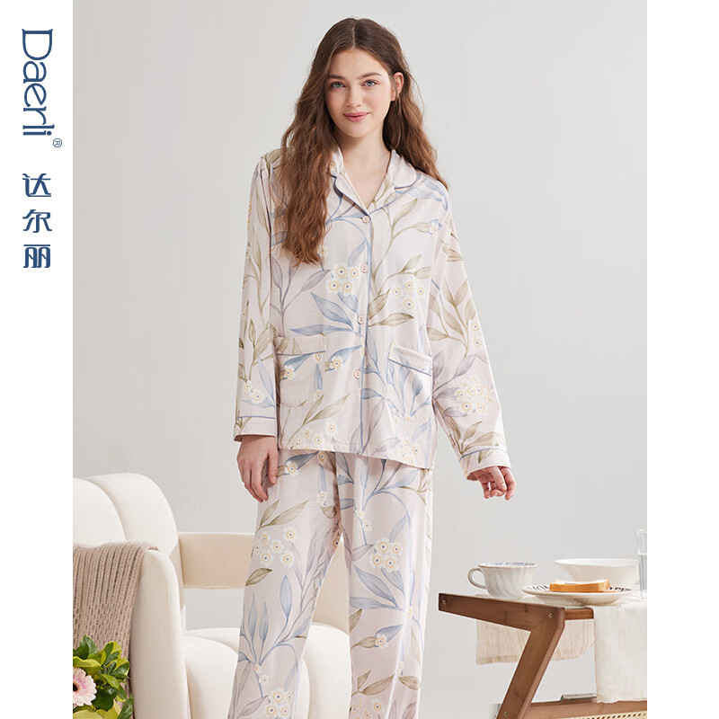 达尔丽睡衣女春秋长袖玫瑰印花大码休闲针织棉开衫国风家居服套装夏新款 T8245118-018-杏色 XL