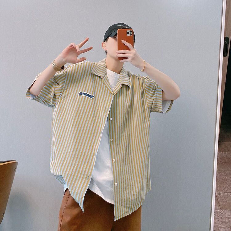 顺涛男士社会精神小伙寸衬衫男夏季穿的夏季国潮竖条纹领宽松短1袖衬