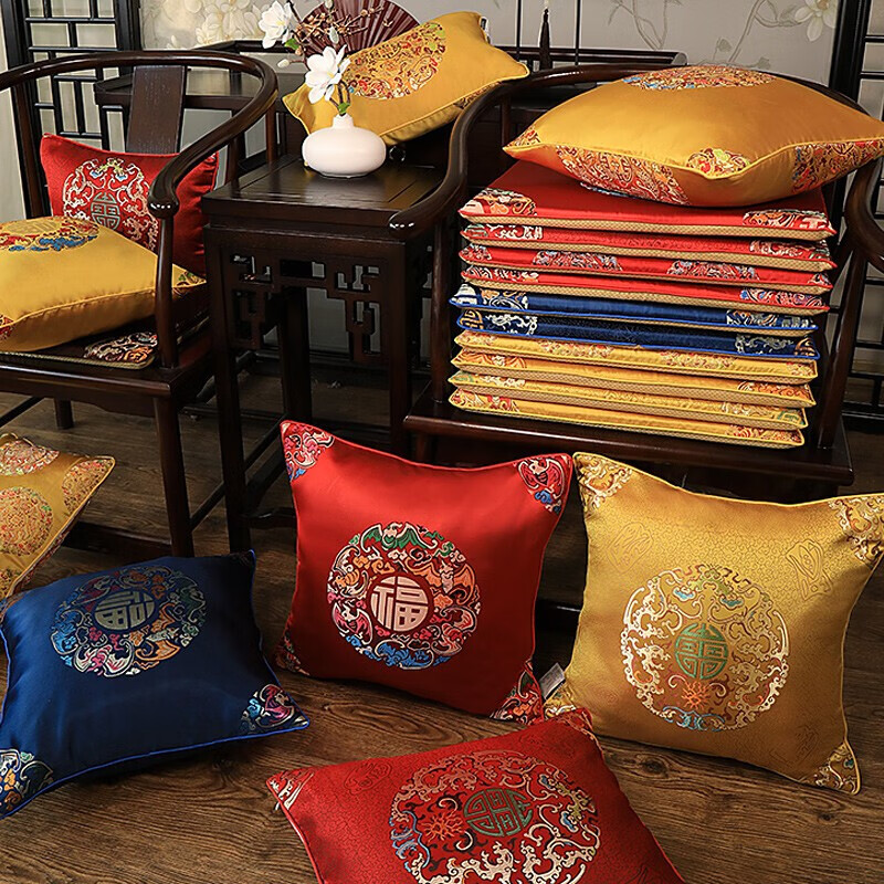 贺锦堂新中式红木椅子坐垫实木茶桌座椅垫子家用凳子垫太师椅圈椅茶椅垫 锦缎吉祥-红 44cm*50cm(含3cm海绵垫)