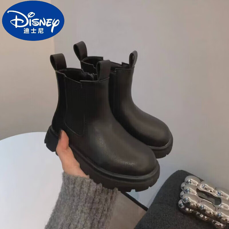 迪士尼（Disney）女童马丁靴儿童冬款加绒烟筒靴百搭潮流休闲男童女孩短靴皮靴棉靴  黑色 26码内长约16cm