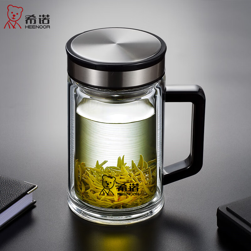希诺(heenoor)双层玻璃杯带把手男士商务办公泡茶杯带滤网隔热防烫大