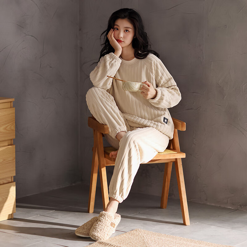洁丽雅2024新款超软糯高品质绒绒睡衣家居服女秋冬加厚珊瑚绒套装可外穿 女款 M 女码