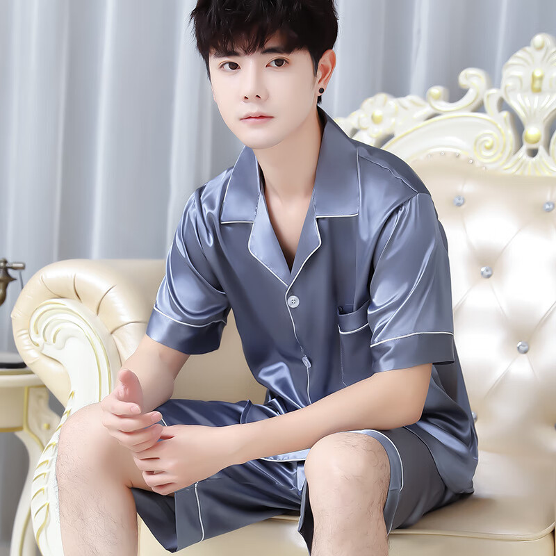 雅鹿冰丝睡衣男夏季薄款短袖短裤家居服夏天可外穿男士大码套装 NSLUJ-【短袖短裤】-冰蓝 3XL 男【推荐175-200斤】