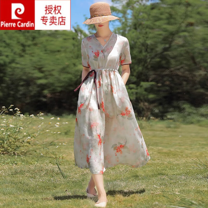 皮尔卡丹(pierre cardin)素订复古棉麻连衣裙女夏季新款洋气中年母亲