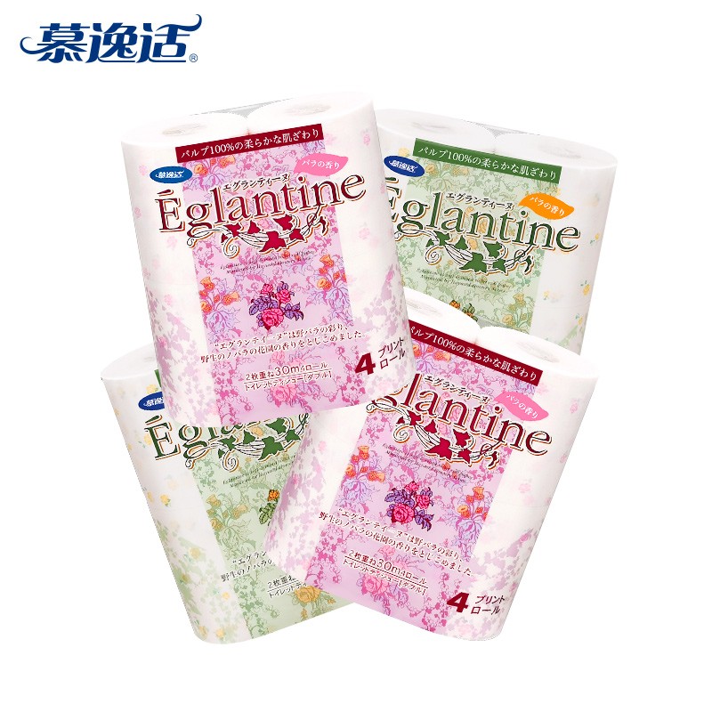 慕逸适 日本进口卷纸花系列玫瑰香卫生厕纸水溶性印花有芯卷筒纸 4卷/包 4卷*4组
