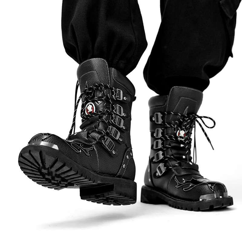 书兜西部牛仔靴男马丁靴秋季高帮英伦风黑色工装皮靴美式朋克长靴舒适