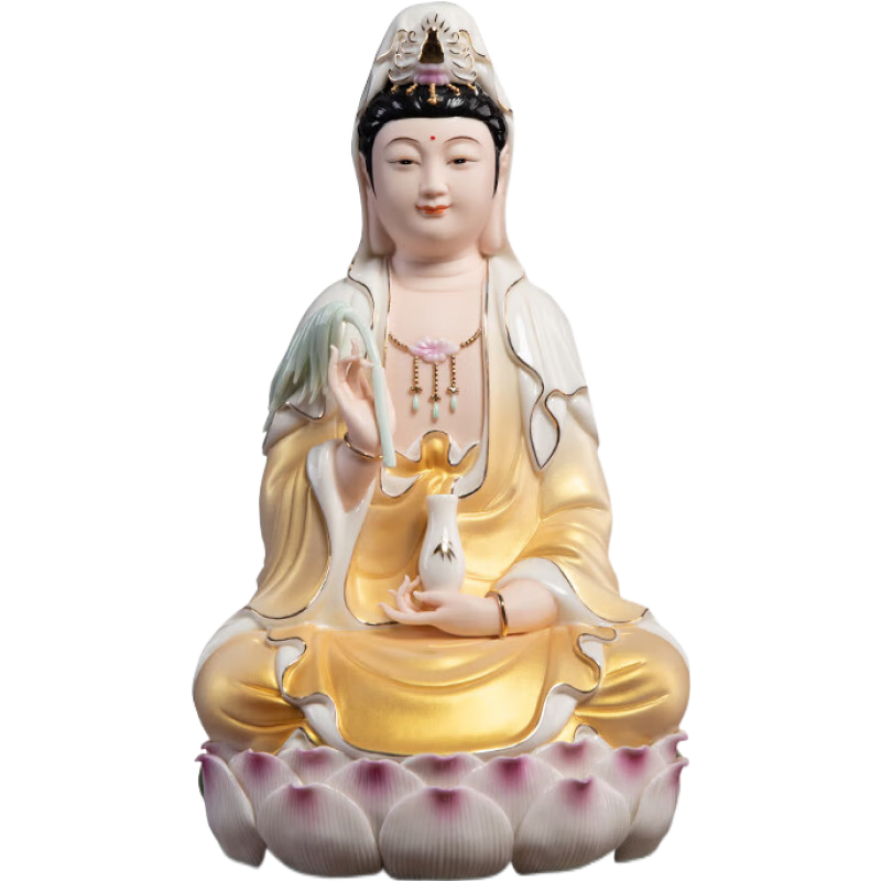 戴玉堂 陶瓷坐古蓮南海觀音菩薩佛像擺件觀世音居家客廳辦公室家用供奉 12吋坐蓮觀音 黃衣彩 D24-112C