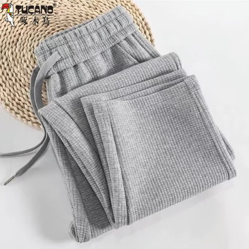 啄木鸟（TUCANO）春秋2026新款华夫格裤子女宽松大尺码灰色直筒裤美式休闲运动裤女 2022灰色 XL 【121-140斤】