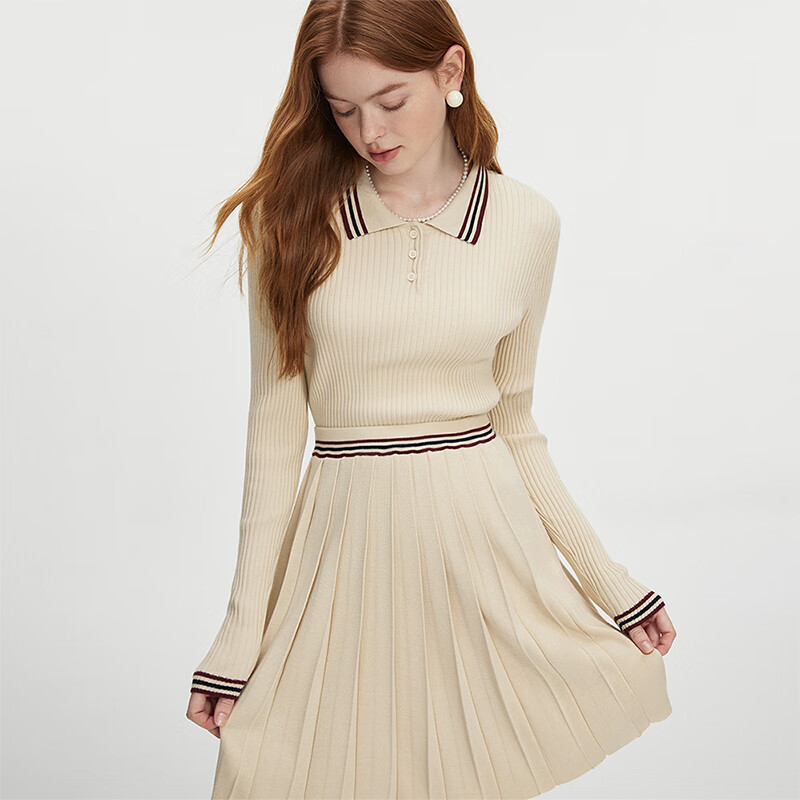 范思蓝恩秋季美式复古撞色POLO领针织衫加百褶裙两件套2024秋装学院风套装 燕麦色（上衣） XS