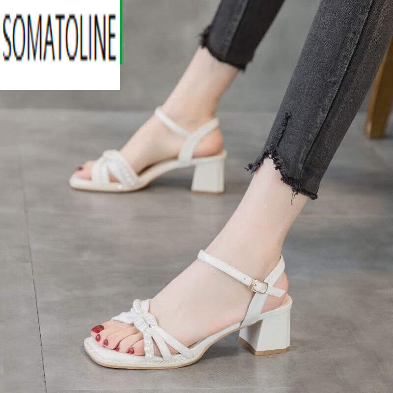 somatoline23夏季法式粗跟高跟鞋珍珠扣凉鞋女真便宜女鞋散步鞋皮凉鞋