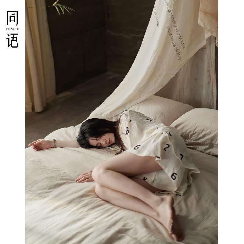 同语睡衣女夏季纱布梭织纯棉短袖套装女士休闲城市轻户外家居服薄礼物 女士-Z3230-梭织棉 M