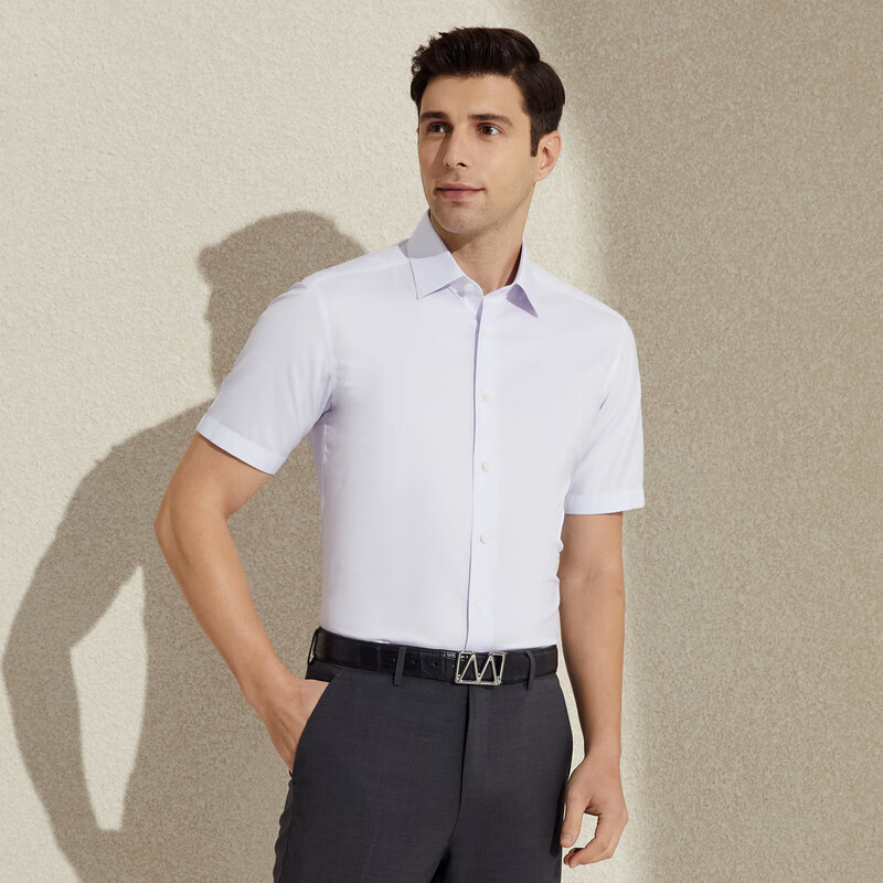 MAYOR男装衬衫 ALUMO高支全棉商务简约细格蓝紫色短袖衬衫 粉紫色 170/84A