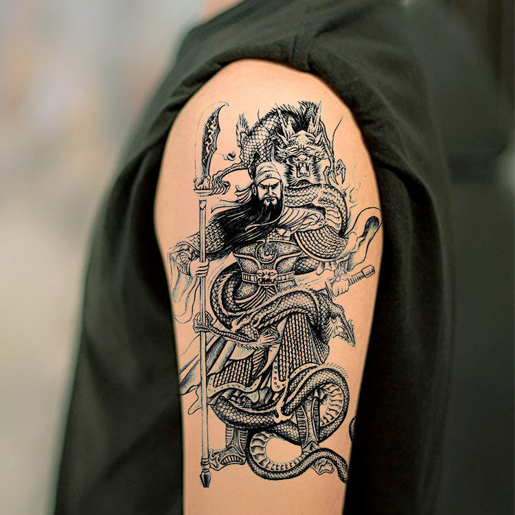 纹身贴洗不掉关羽纹身贴防水关羽龙彩色关二爷霸气花臂小腿手臂关公