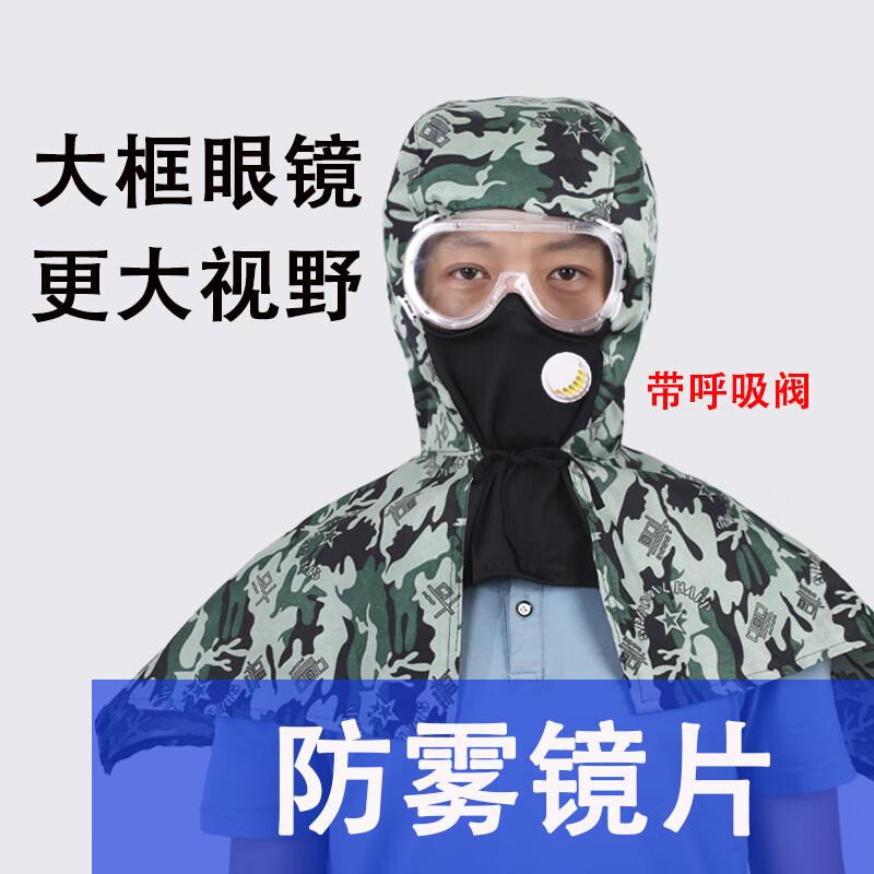 牛仔防塵面罩打農(nóng)藥防護(hù)頭套防風(fēng)沙飛濺披肩帽一體式透氣防霧風(fēng)帽 迷彩大鏡框帶呼吸閥