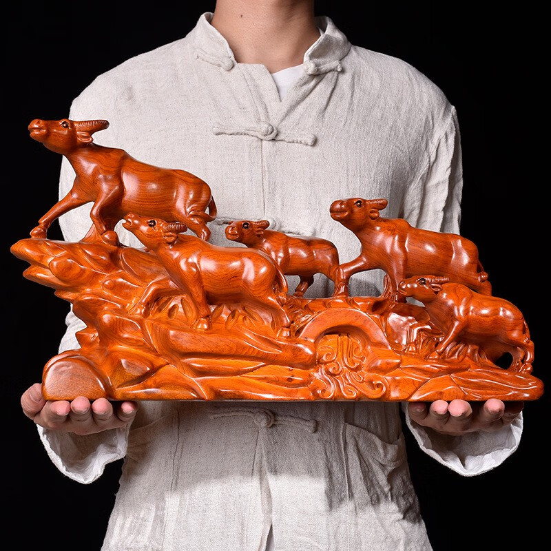 藤花梨实木雕刻牛摆件根雕十二生肖五福旺财牛家居工艺品 花梨木五牛