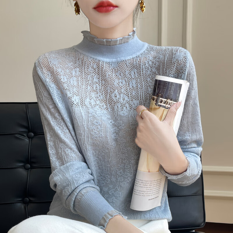 香影芬蕾丝打底衫女2025秋冬新款半高领针织衫女显瘦外搭女装上衣毛衣女 米色 XL (建议115-125斤)