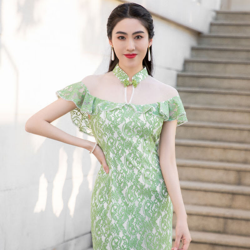 四美子改良气质旗袍女【水碧】2023年夏新款蕾丝年轻款优雅连衣裙 水碧 L （105~115斤）怎么样,好用不?