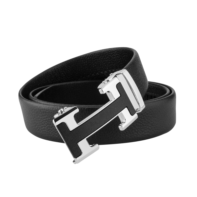 POACY真皮皮带男 头层牛皮男士腰带商务时尚潮H情人节裤带男款送人礼盒 PY24银色磨砂扣头层牛皮 110cm 【裤码33以内】