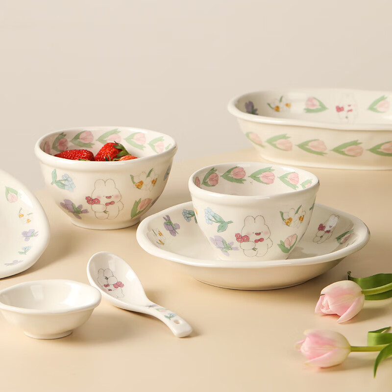 蓝莲花蓝莲花茉茉兔大碗面碗可爱儿童吃饭碗餐具家用个人陶瓷碗盘碟组合 4.5寸碗