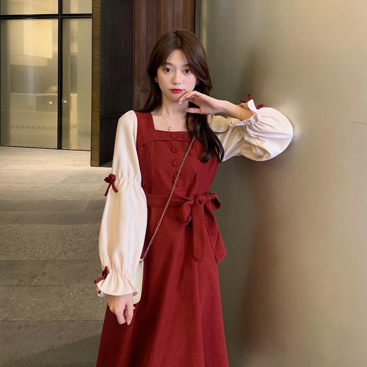 少女高中生收腰连衣裙长款300斤春季复古甜美蝴蝶结显瘦连衣裙女学生